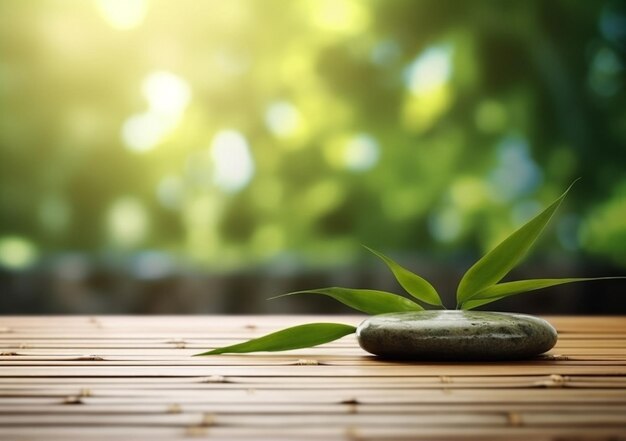 Piedras zen en madera vacía con hojas verdes en el fondo del jardín borrosas y generadas por IA