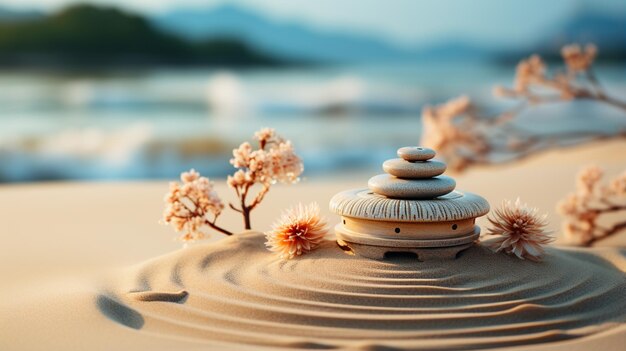 Foto piedras zen con río borroso