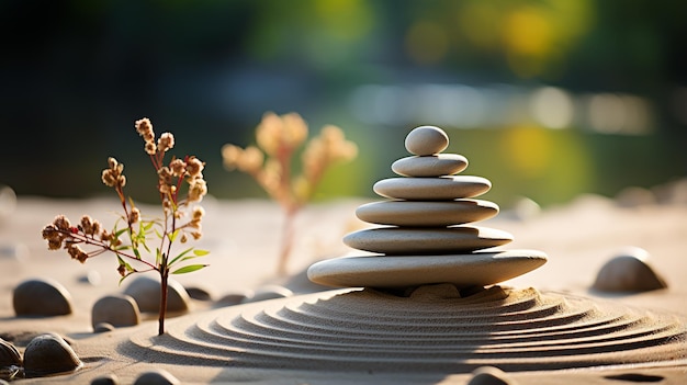 Foto piedras zen con río borroso