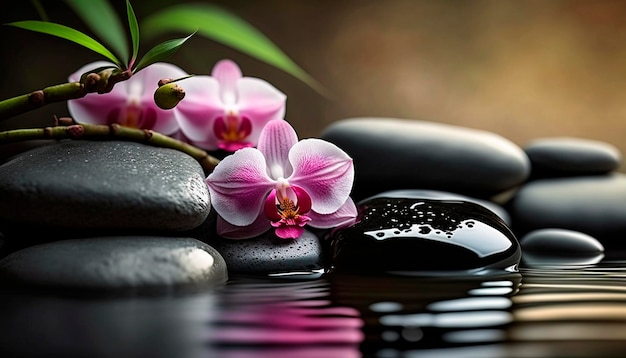 Piedras zen sobre un fondo de agua y flores de bambú y orquídeas IA generativa