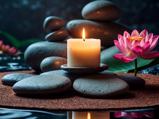 piedras zen con vela y fondo de flor de loto