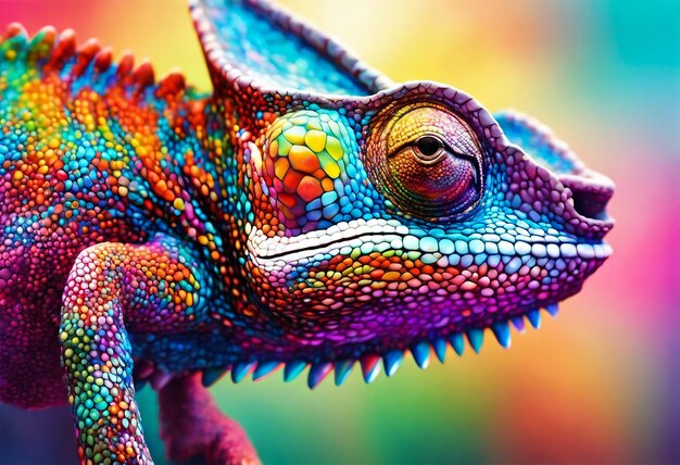 La piel de un camaleón se transforma a través de un espectro de gradientes vibrantes que reflejan los colores