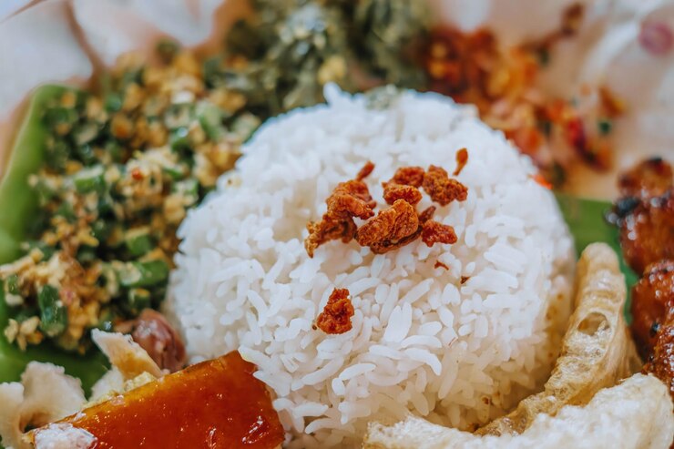 Piel de cerdo crujiente sobre arroz blanco en un plato de Nasi Babi Guling