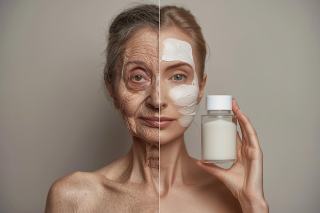 Piel facial cuidada y envejecida que destaca simultáneamente el poder transformador de los productos de cuidado de la piel para el resplandor juvenil y el envejecimiento gracioso enfoque integral de la belleza y el bienestar
