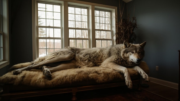 Piel de lobo en la foto de la habitación de caza de la casa