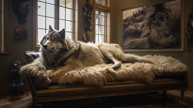 Piel de lobo en la foto de la habitación de caza de la casa