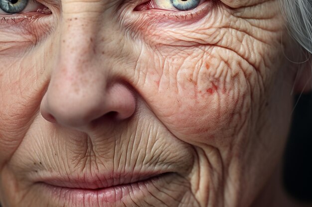 Foto piel pálida de un primer plano de una anciana con arrugas y cabello gris ojo azul