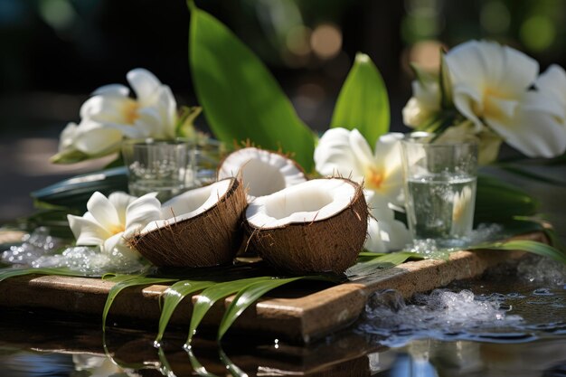 Piel revitalizada por el toque del agua de coco en el sereno spa generativo IA