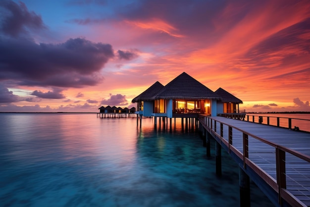 Píer com cabana ao pôr do sol em uma paisagem aquática calma com cores vibrantes Bangalô aquático Pôr do sol nas ilhas das Maldivas Um lugar para sonhos gerado por IA