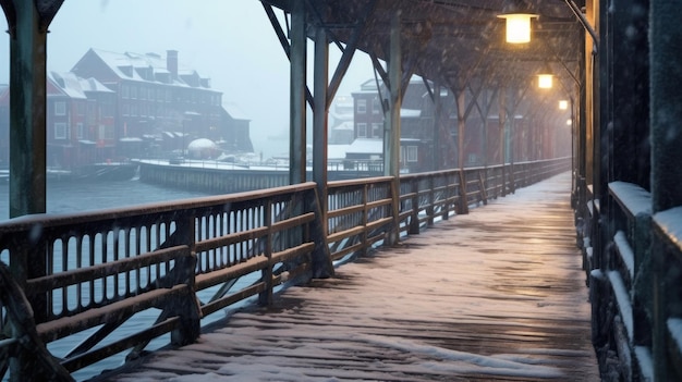 Pier im Schnee mit einem Licht darauf