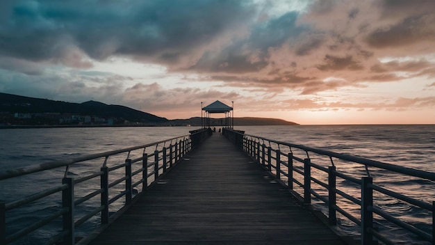 Pier no mar cercado por colinas sob um céu nublado à noite em Portugal