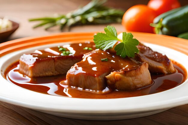 Foto pierna de cerdo estofada en sopa de salsa