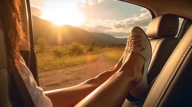 Pierna mujer en coche durante el tiempo de la mañana día festivo ai generativo