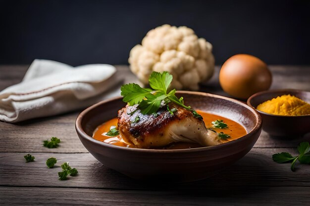 Foto pierna de pollo con coliflor y perejil al horno