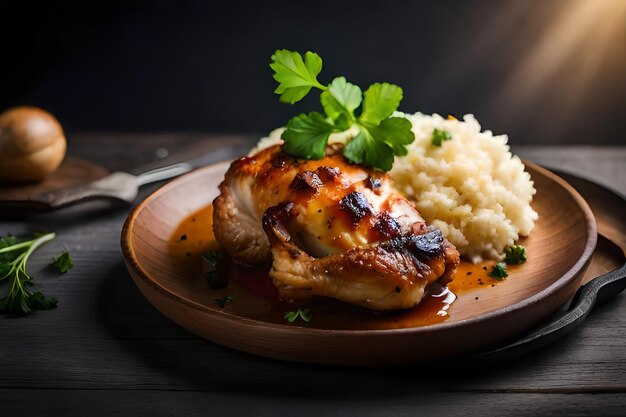 Foto pierna de pollo con coliflor y perejil al horno