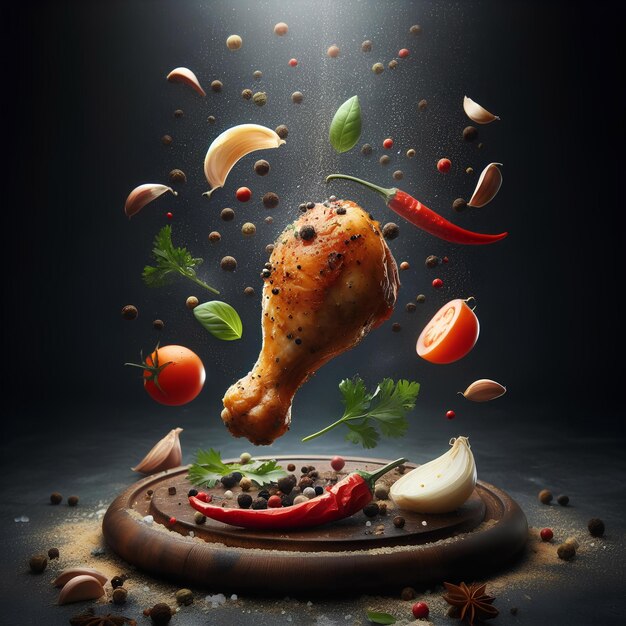 pierna de pollo flotando en el aire sobre un fondo negro fotografía profesional de alimentos