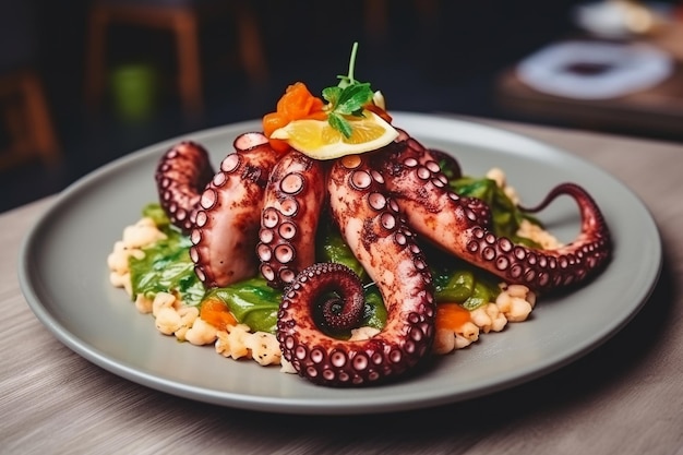 Foto pierna de pulpo gallega a la parrilla con salsa de cerca