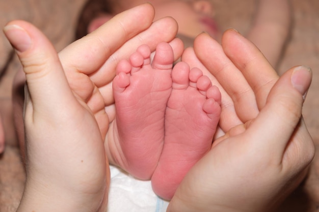 Las piernas de un bebé de dos semanas están en manos de una madre.