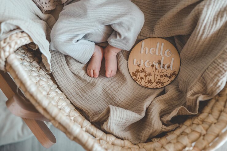 Piernas de un bebé recién nacido y una tabla de madera con la inscripción hola mundo