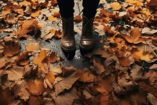 Piernas con botas en las hojas de otoño Pies zapatos caminando en la naturaleza Ilustración generada por AI