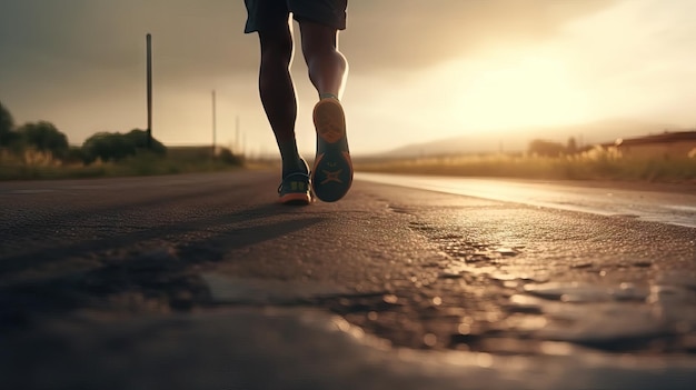 Piernas de un corredor en la carretera al atardecer Acción deportiva y concepto de desafío humano Entrenamiento para perder