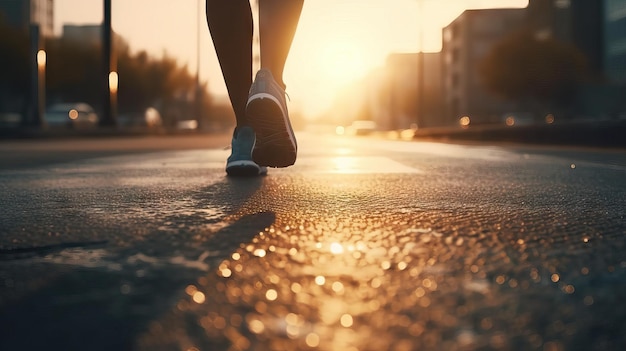 Piernas de un corredor en la carretera al atardecer Acción deportiva y concepto de desafío humano Entrenamiento para perder