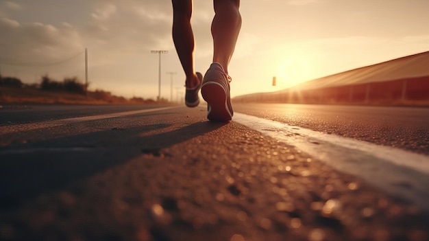 Piernas de un corredor en la carretera al atardecer Acción deportiva y concepto de desafío humano Entrenamiento para perder