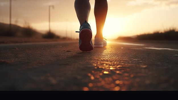 Piernas de un corredor en la carretera al atardecer Acción deportiva y concepto de desafío humano Entrenamiento para perder