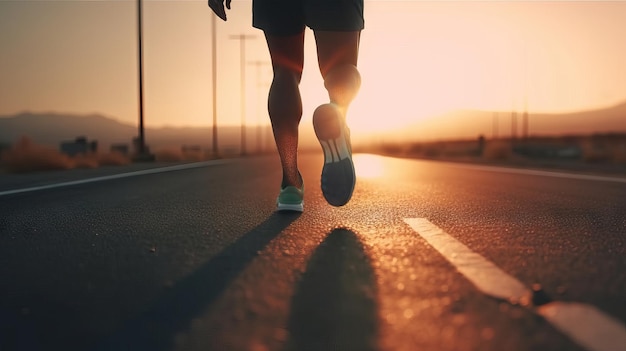 Piernas de un corredor en la carretera al atardecer Acción deportiva y concepto de desafío humano Entrenamiento para perder