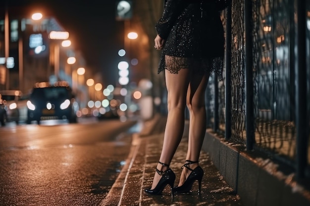 Piernas femeninas cerca del club en la calle nocturna a la luz de las linternas AI generativa