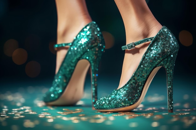 Piernas femeninas delgadas en zapatos verdes brillantes de tacos altos de pie sobre confeti