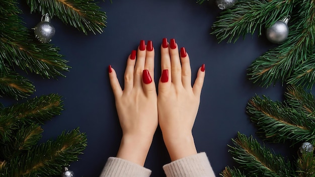 Foto piernas femeninas y guantes con uñas rojas concepto de venta de navidad