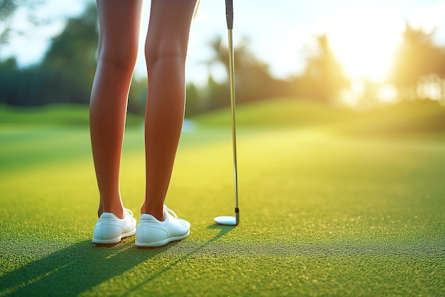 piernas femeninas de una mujer sexy golfista con un club de golf en el césped en el campo de golf en una mañana soleada al atardecer en primer plano