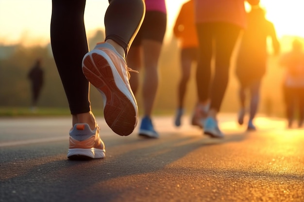 Las piernas de un grupo de corredores listos para comenzar a correr con IA generativa