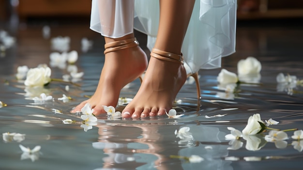 Foto piernas de una hermosa mujer con zapatos blancos con agua