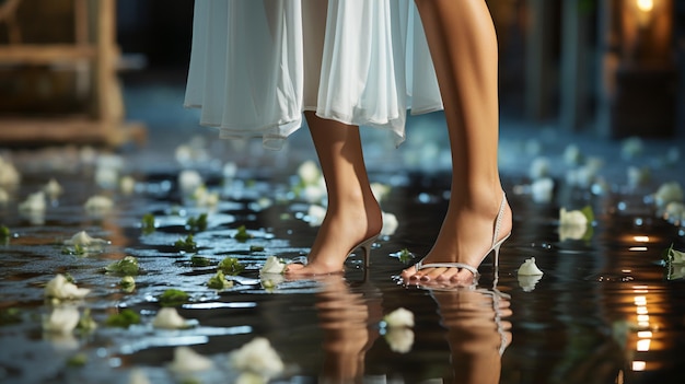 piernas de una hermosa mujer con zapatos blancos con agua
