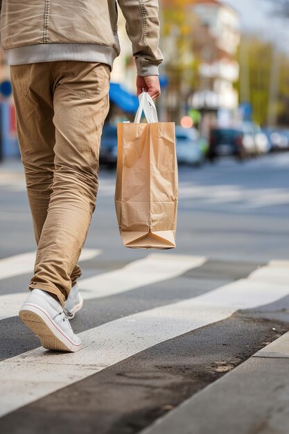 Piernas de hombre y bolsas de compras en la calle de la ciudad peatones en el cruce peatonal para viajar