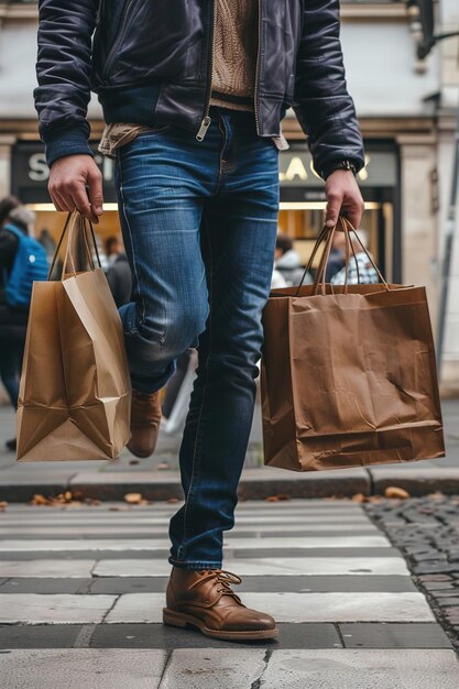 Foto piernas de hombre y bolsas de compras en la calle de la ciudad peatones en el cruce peatonal para viajar