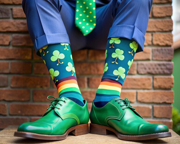 piernas de hombre en botas verdes de moda y calcetines de broma a rayas altas concepto de buen humor