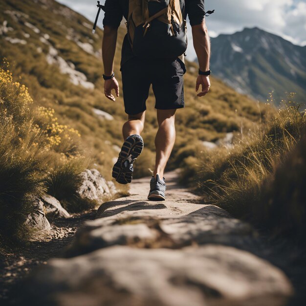 Foto piernas de hombre con calzado deportivo y mochila corren por un sendero de montaña