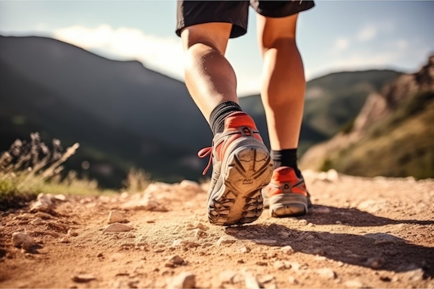 Piernas de hombre con calzado deportivo y mochila corriendo por un sendero de montaña