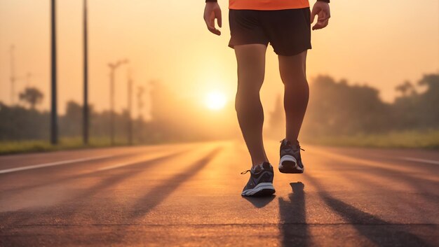 Las piernas de un hombre corriendo por una carretera cierran una pista de atletismo