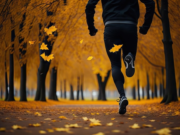 Piernas de hombre corriendo en el parque en otoño ai generativo