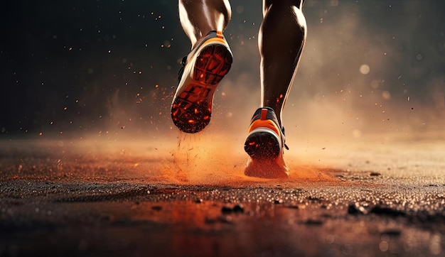 Las piernas de un hombre corriendo sobre una pista de asfalto al estilo de color naranja oscuro y rojo.