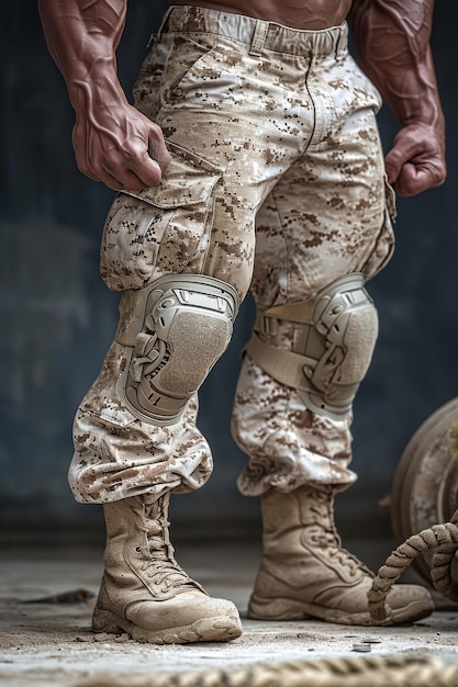 Las piernas de un hombre fuerte vestido con pantalones de camuflaje con rodilleras.