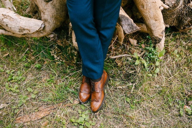 Las piernas de un hombre con un traje azul y zapatos marrones de cuero de pie sobre la hierba seca closeup | Foto
