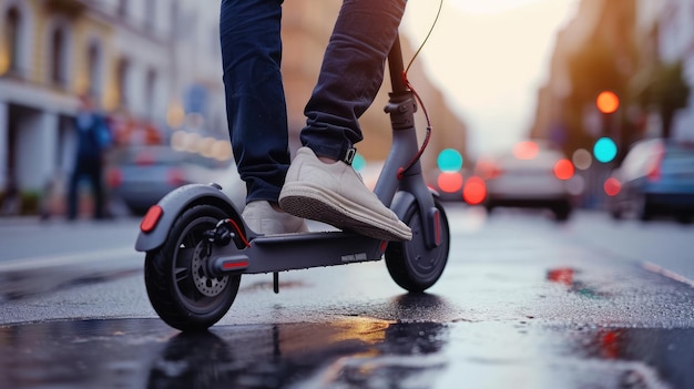 Las piernas de un hombre con un traje elegante de pie en un scooter eléctrico en la calle