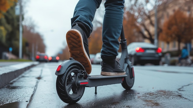 Las piernas de un hombre con un traje elegante de pie en un scooter eléctrico en la calle