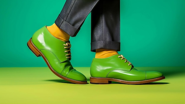Piernas de hombre con zapatos verdes y calcetines amarillos sobre un fondo verde