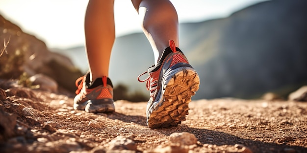 Las piernas de los hombres con calzado deportivo y una mochila recorren un sendero de montaña